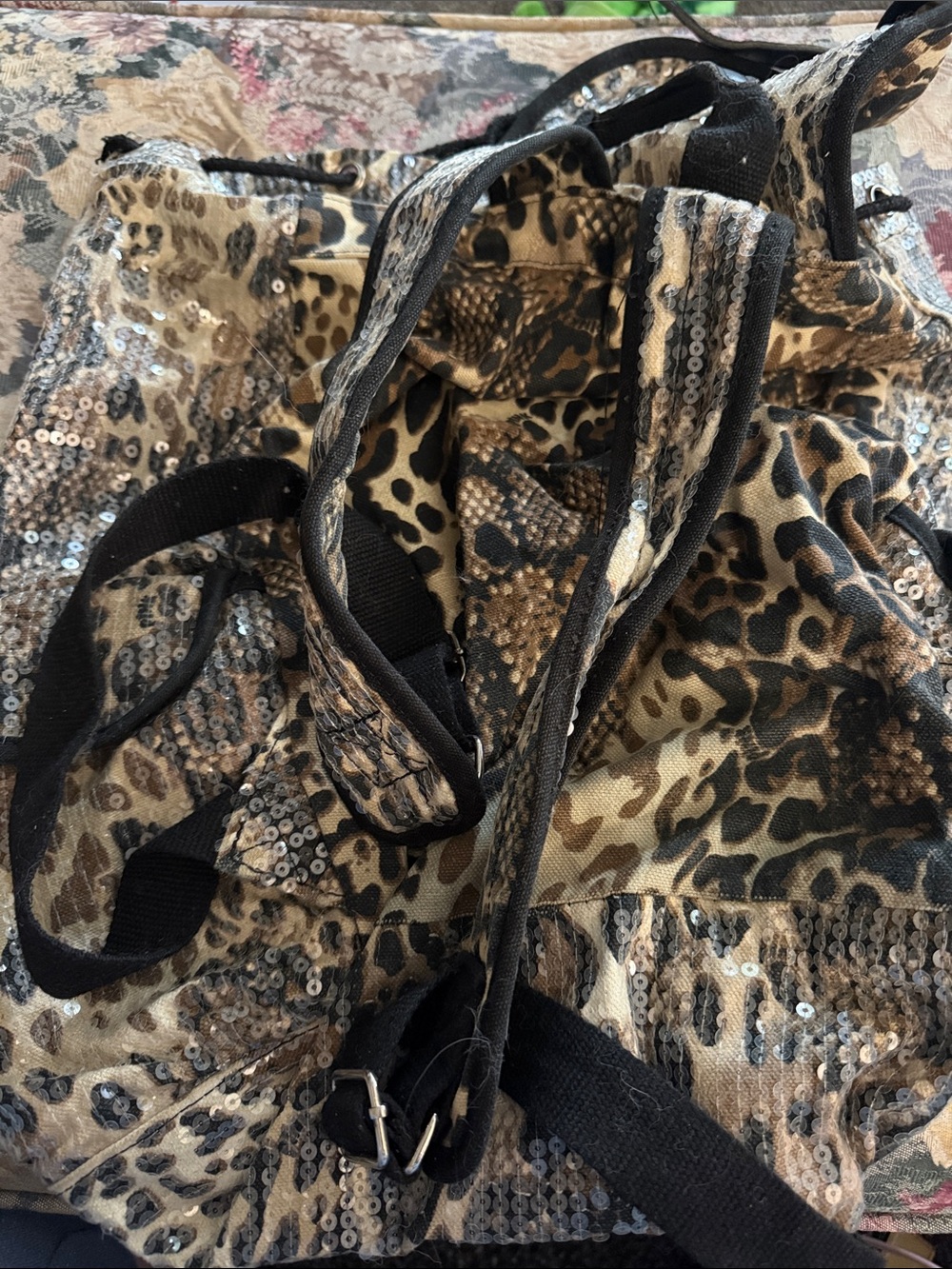 PINK Victoria's Secret Leopard Sequin Drawstring Backpack - Brown Black - Picture 2 of 2
